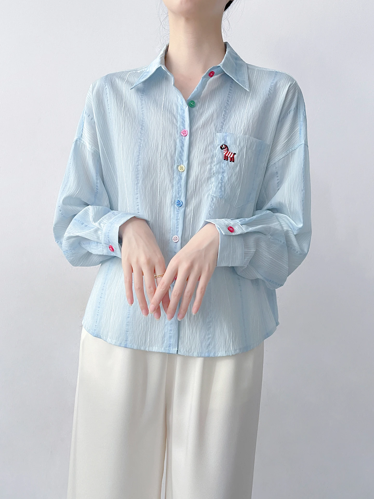 

Синяя рубашка с длинным рукавом в корейском стиле, из чистого хлопка, с вышивкой, отложным воротником, модная, дышащая, повседневная, для женщин