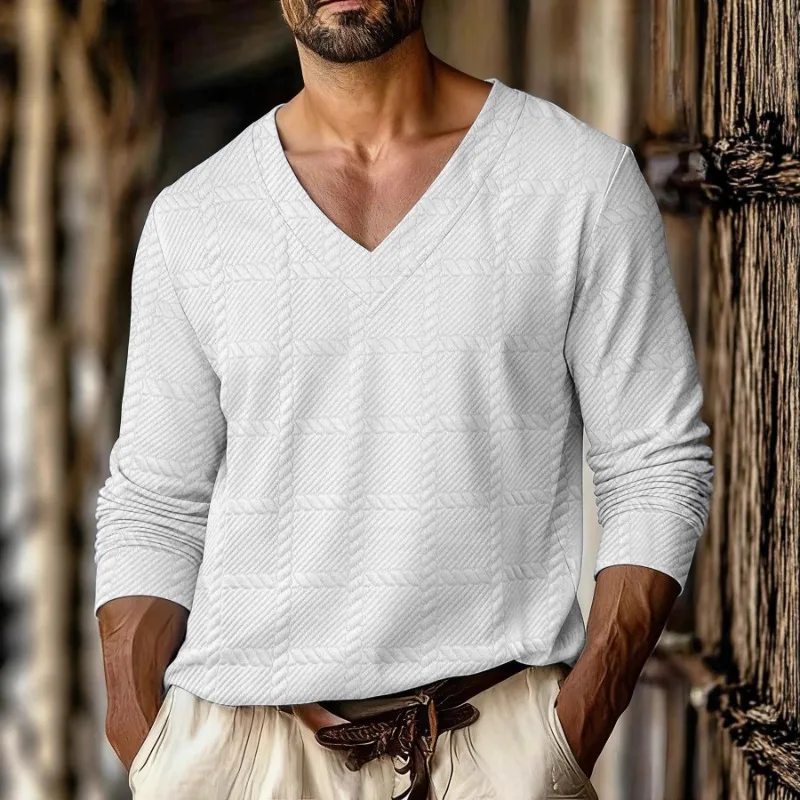 T-shirt à manches longues pour hommes, motif écossais, tissu Jacquard, col en v, sport décontracté, épaules dénudées, nouvelle collection automne