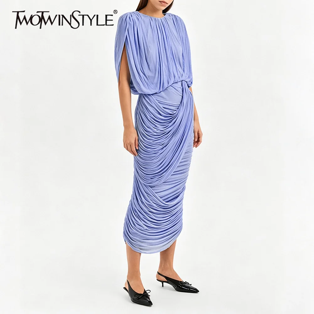 TWOTWINSTYLE Solid Spliced Ruched Slimming Two Piece Set for Women Round Neck Short Sleeve Top High Waist Midi Skirt Sets Female