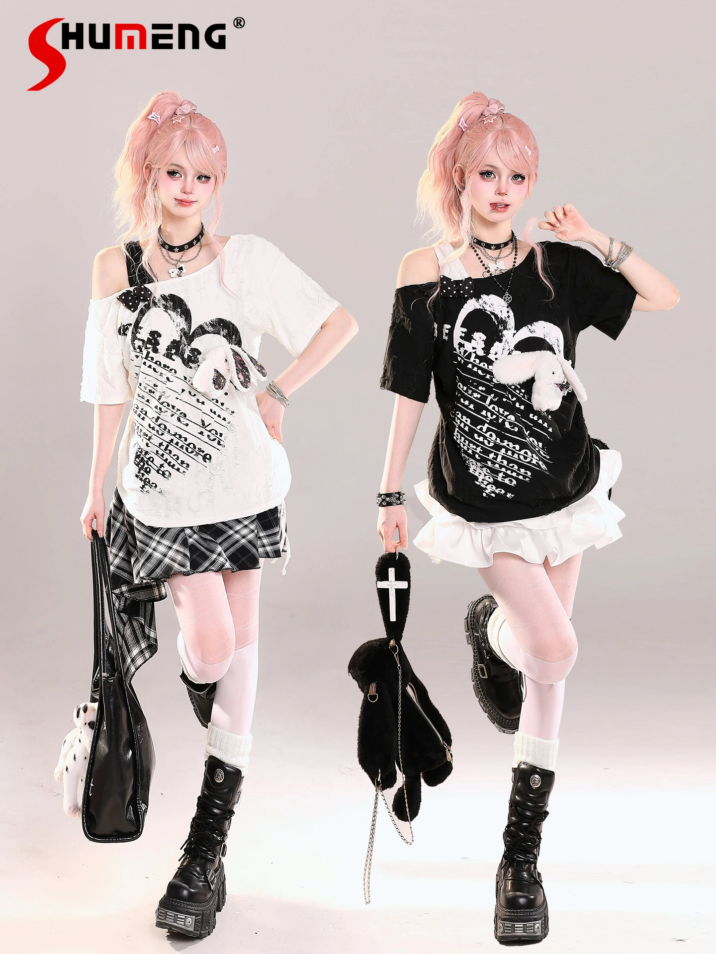 

Highstreet Subculture Sweet Cool Girl Y2K Tops Off-shoulder Short Sleeve Letter Printed Loose Casual T-shirts Top Women Summer