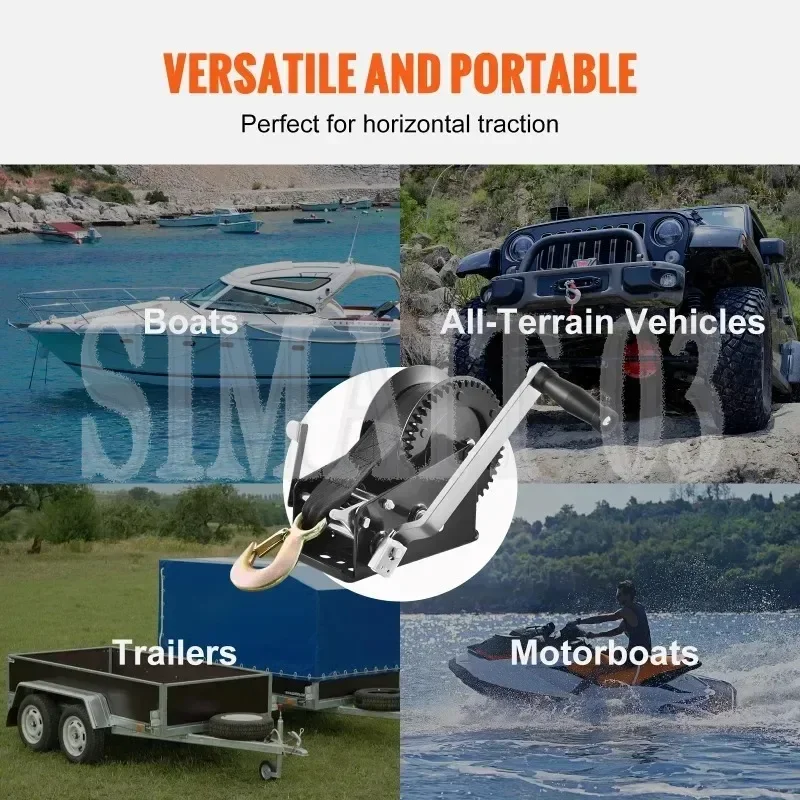 Heavy Duty Hand Winch - Two-Way Ratchet with Polyester Strap for Boat Trailers