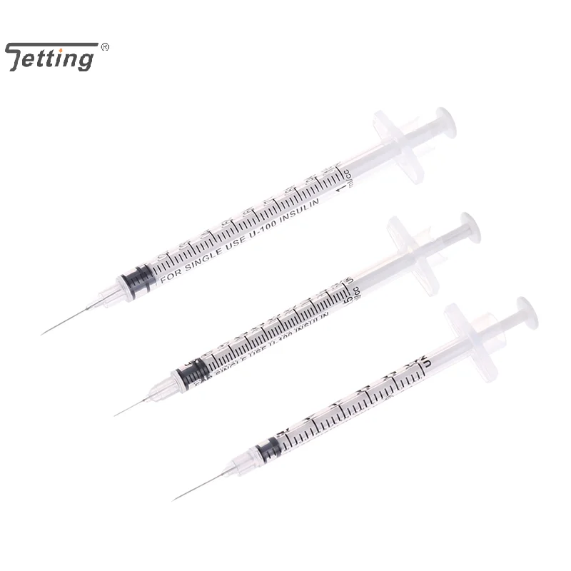 5Pcs 1/0.5/0.3ML Disposable Plastic Veterinary Syringe Orange Cap Sterile Insulin Syringe w/ Needles For Pet Farm Animal Cat Dog