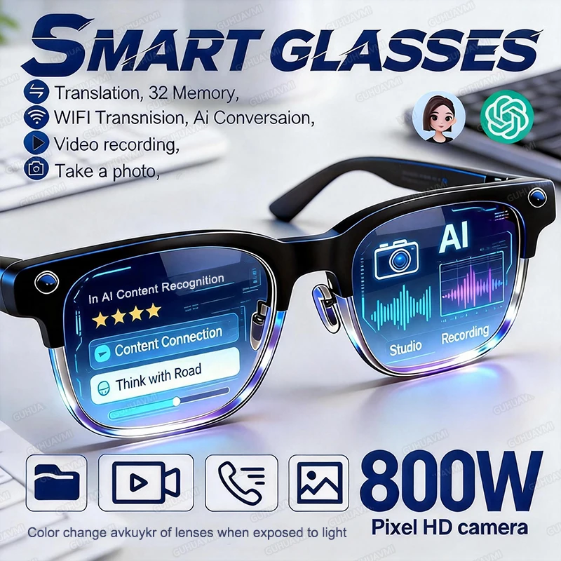 2026 Neue 800W Pixel-Kamera Smart-Brille für Herren, Videoaufnahme, Fotoaufnahme, Bluetooth-Anrufe, Übersetzung in über 140 Sprachen, Smart-Sonnenbrille, HD-Kamera-Brille