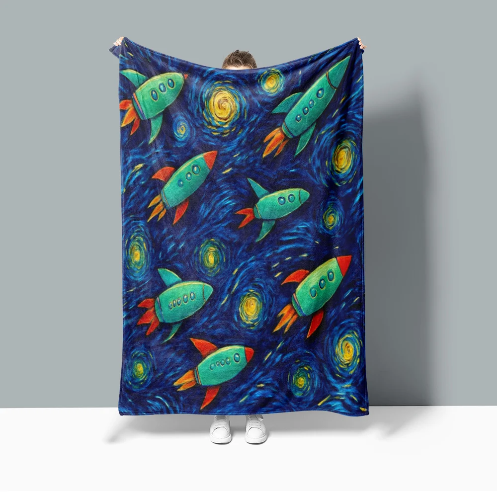 Outer Space UFO Fleece Blanket,Blue Green Thick Bedspread Throws for tra