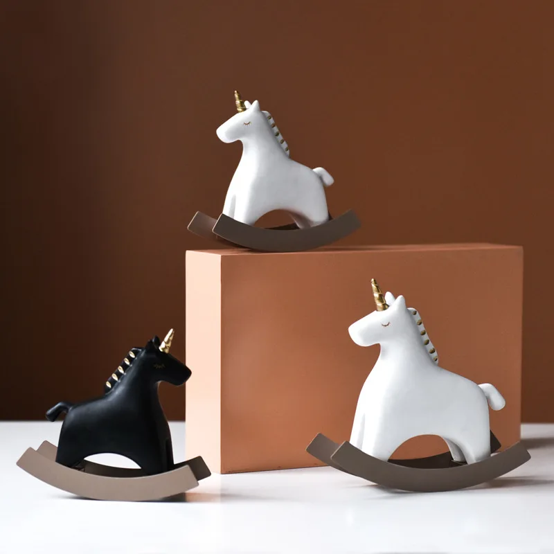 Children's Room Study Living Room Decor Ornaments Resin Nordic Style Creative Unicorn Rocking Horse Home Decoration Accessories