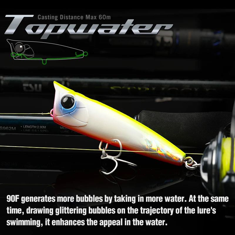 TSURINOYA-señuelo de pesca 90F Topwater Popper, 90mm, 23g, cebo duro flotante de superficie DASHER para pesca en agua salada, modelo de juego SW