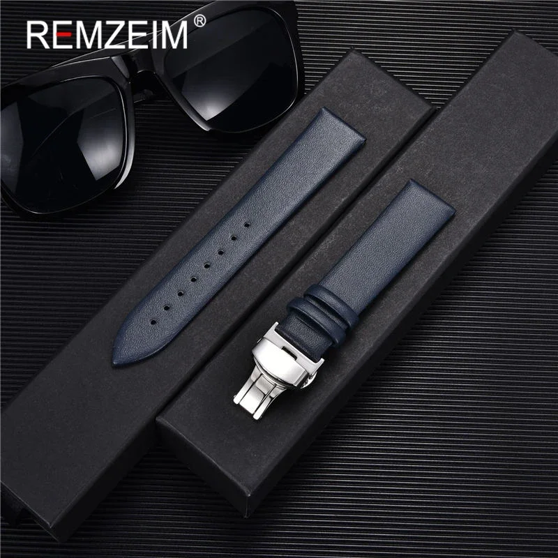 Smooth Genuine Calfskin Leather Watchband 18mm 20mm 22mm Straps with Solid Automatic Butterfly Buckle Business Watch Band + Tool