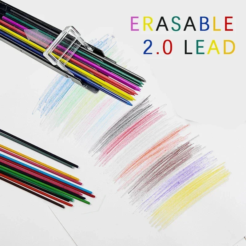 2,0 mm Farben, Druckbleistift-Nachfüllung, 2B, löschbare bunte Minen, Kunst, Malerei, Zeichenwerkzeuge, Studenten, Schreibwaren, 12 Wurzeln/Box – Detail 1