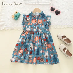 Humor Bear Girls Casual Outfit Forest printing Series Party Dress Lace Edge Flying Sleeve Round Collar Children 2-6Y