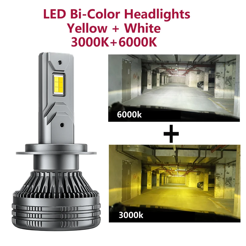 2Pcs H7 LED Headlight Bulb Fog Lamp White +Yellow Two-Color Lights H1 H4 H11 H8 H9 9005 HB3 9006 HB4 9012 90W 6000K + 3000K 12V