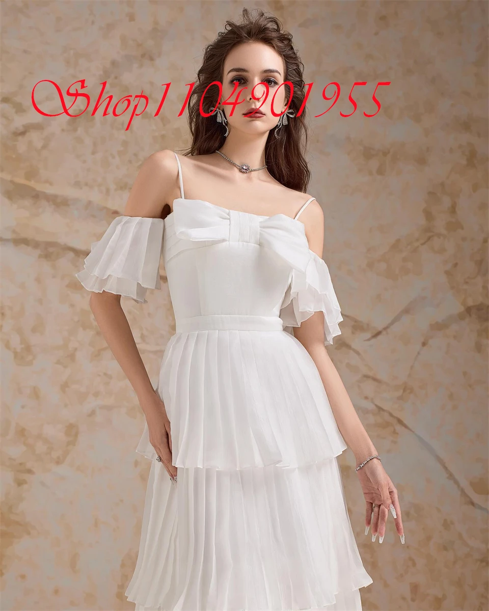 

Customized Delicate White Chiffon Evening Dress Graceful Square Collar Spaghetti Straps Short Sleeves Zipper Back Cocktail Dress