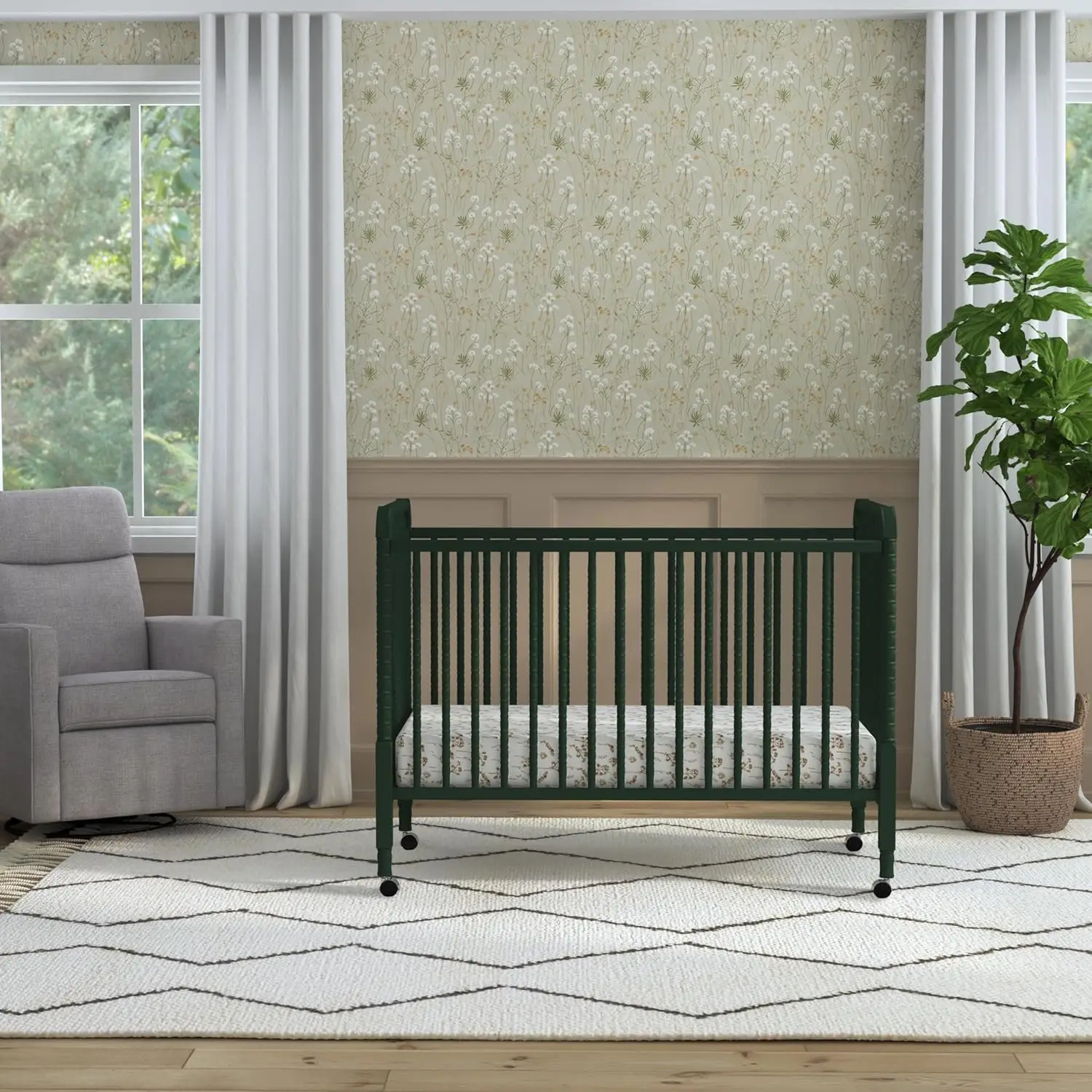 Jenny Lind 3-in-1 Convertible Crib in Forest Green, Removable Wheels, Greenguard Gold image 2