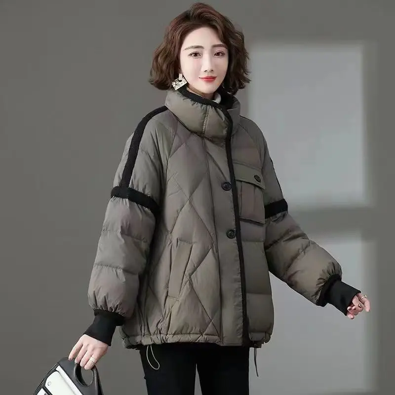 Casaco de algodão grosso grosso para baixo feminino, jaqueta puffer de inverno, manga comprida, acolchoado, moda coreana, casacos com zíper, preto, cinza