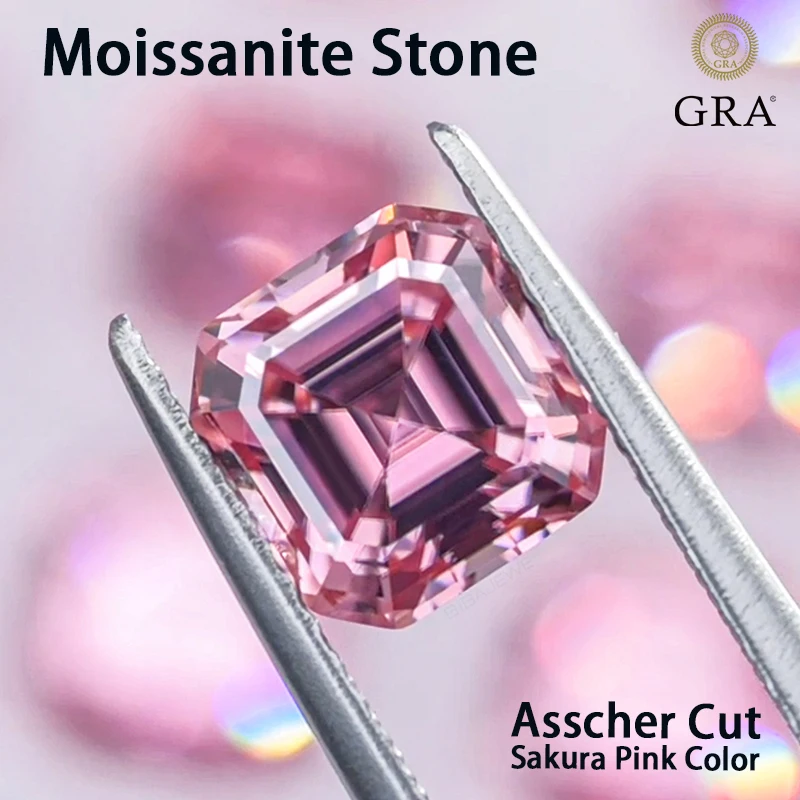 Moissanite Stone Asscher Cut Sakura Pink Color VVS1 Ring Necklace Main Materials Passed Diamond Tester with GRA Certificate