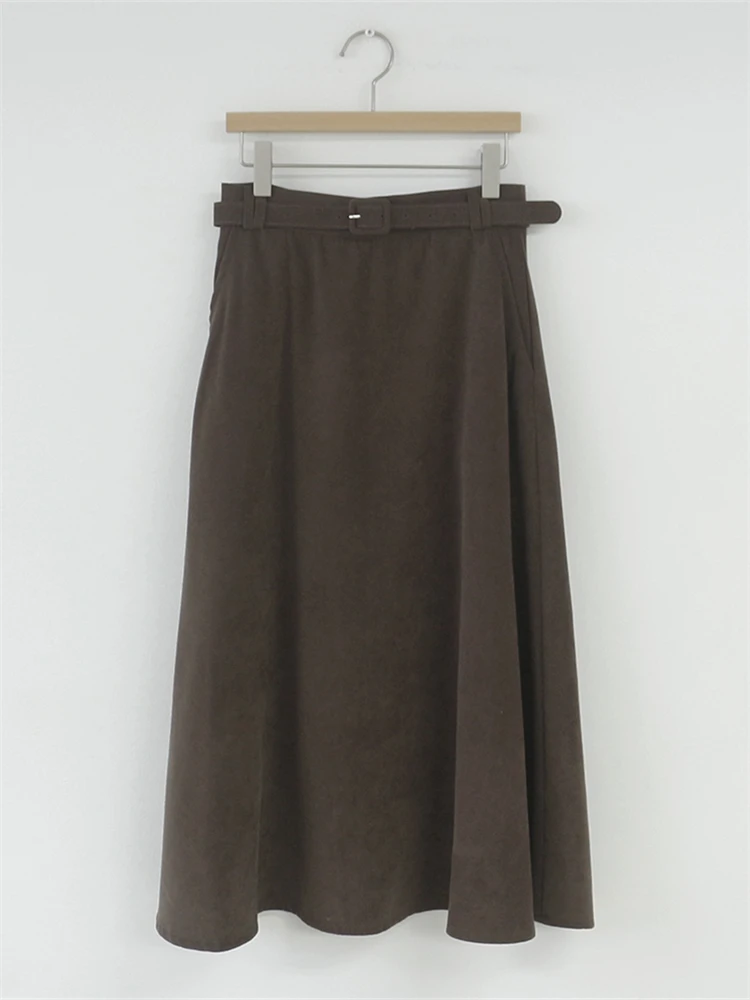 new A Line solid Women Skirts Pleated MI-long New Knee Length Skirt Female Vintage Suede Skirts Jupe Femme Faldas Mujer