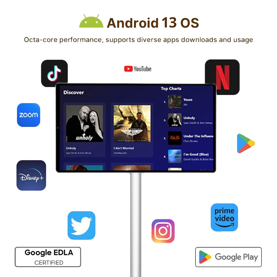 تلفزيون ذكي للكمبيوتر اللوحي المتحرك بسعر خاص لعام 2024 مع حامل أندرويد 13 شاشات رقمية 21.5 بوصة تلفزيون محمول متابعةني