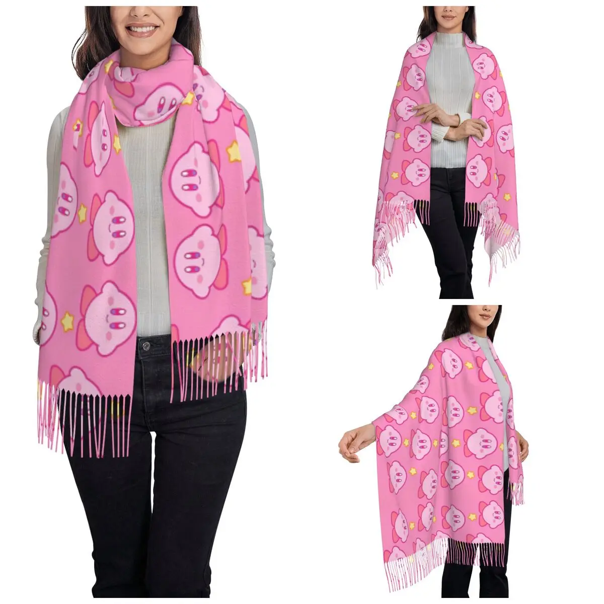 K-Kirbys Cartoon Stars Kawaii Shawl Wraps Womens Winter Warm Long Soft Scarf Anime Game Cute Pashmina Tassel Scarves