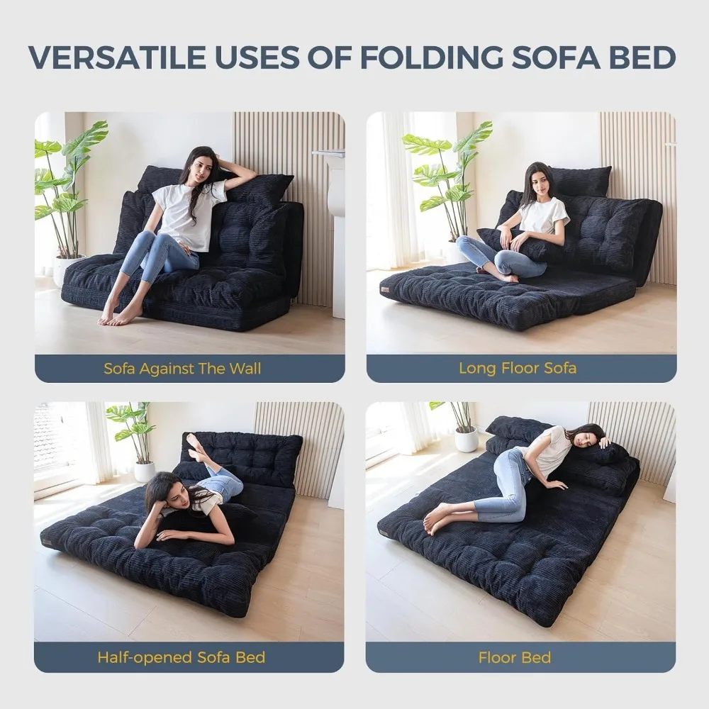 Bean Bag Bed Tufted Folding Sofa Bed with Pillows Floor Mattress for Adults, Extra Thick and Long Floor Sofa, Full Floor