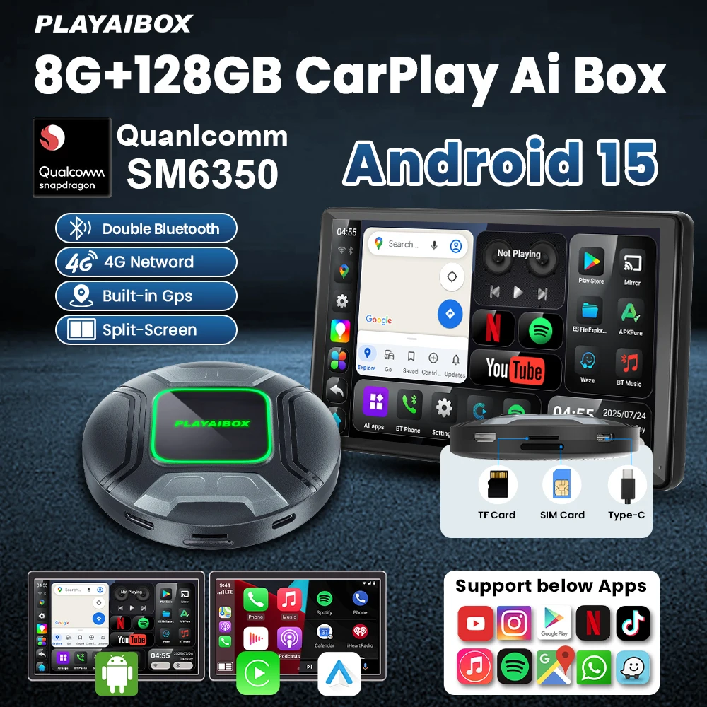 PLAYAIBOX Android 15 CarPlay Ai Box adaptateur sans fil Android Auto Carplay Qualcomm SM6350 128GB 8 cœurs pour Youtube Netflix FOTA