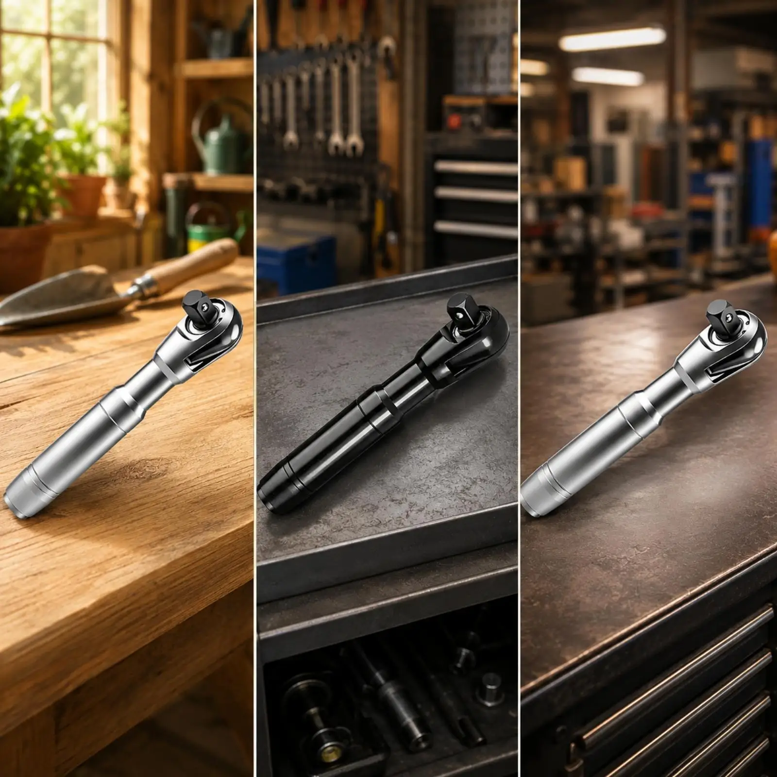 Threeall-in-One Ratchet Wrench Alloy Steel Short Ratchet Wrench with 1/2-Inch Drive Hand Tool High-Strength Versatile