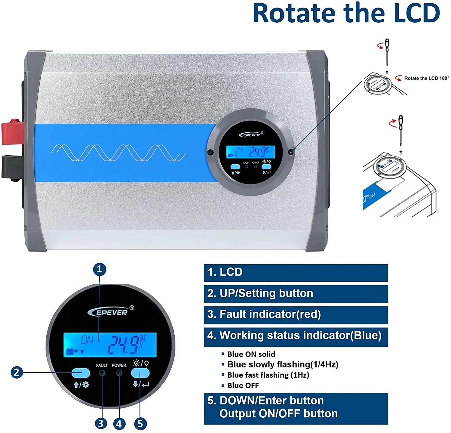 EPEVER-inversor de onda sinusoidal pura de 3000W, 12V/24V/48V a AC110V120V/220V230V240V, pantalla LCD, inversor Solar fuera de la red, IP3000-Plus