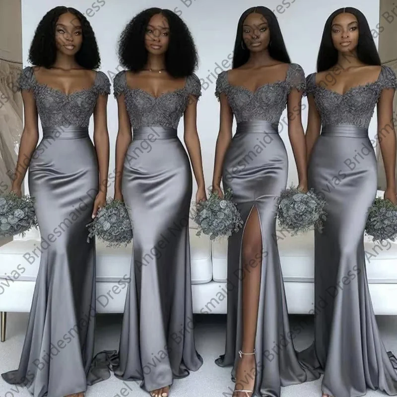 

Customized Mermaid Grey African Bridesmaid Dresses Cap Sleeves Wedding Party Gowns vestidos de fiestas robes invitée mariage