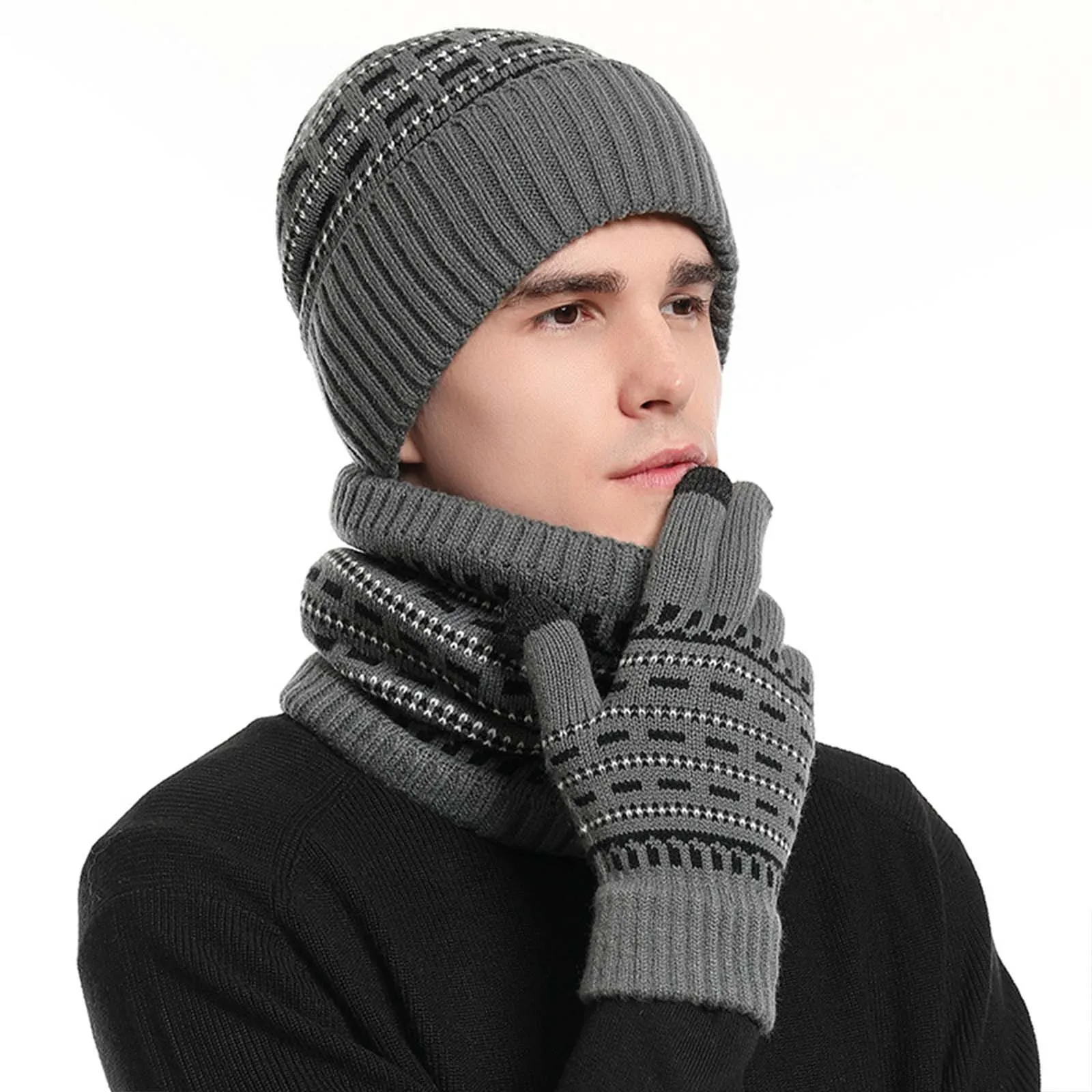 Men\'s Winter Keep Warm Set Unisex Beanie Telefingers Gloves Fleece Lining Scarf Female Woolen Yarn Knitted Muffler Neck Hat