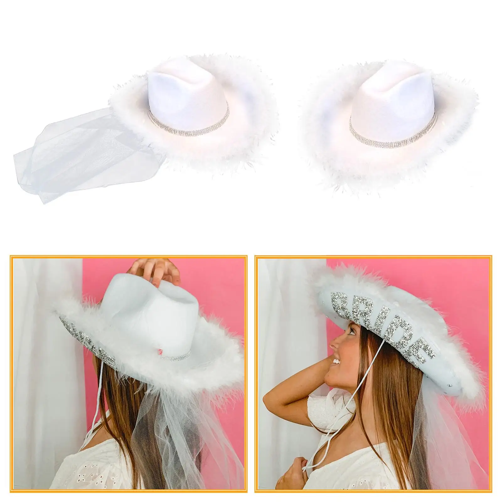 

Western Women Cowboy Hat Wide Brim Bride Crystal Beaded Wedding Feather Edge