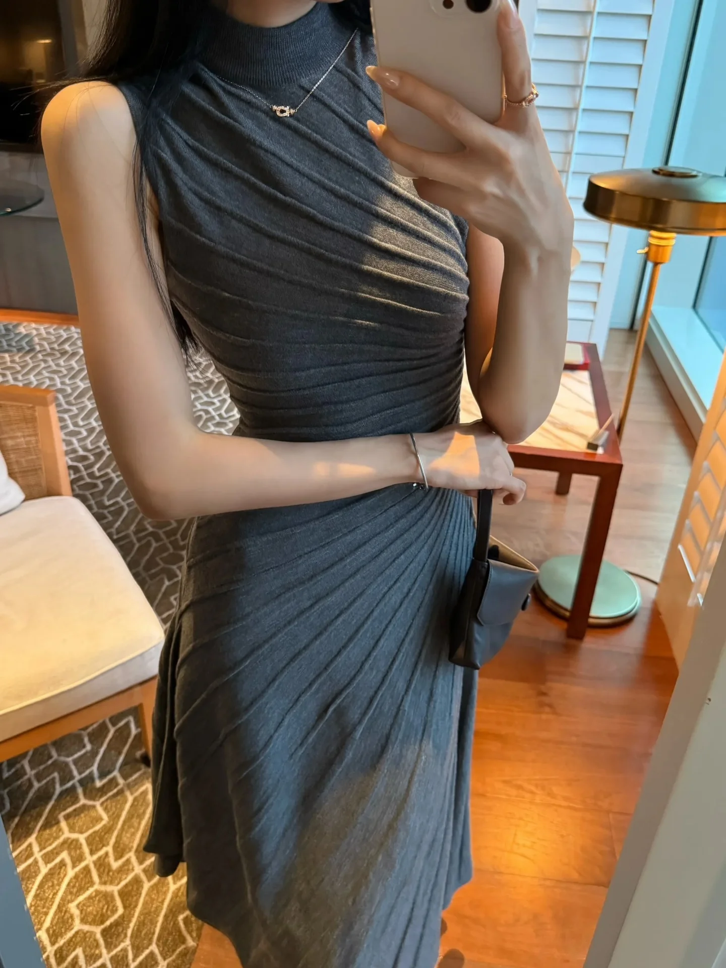 

Gray Asymmetrical Sleeveless Vest Dress Women's Summer High-End Waist-Cinching Slim Long Dress French Style Knitted Skirt