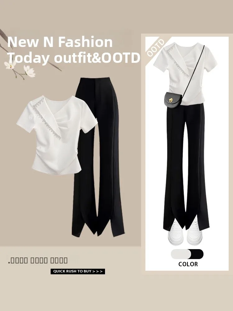 

Stylish Short Sleeve T-Shirt And High Waist Casual Pants Two Piece Set Beautiful White Fashionable Design Summer Outfit
