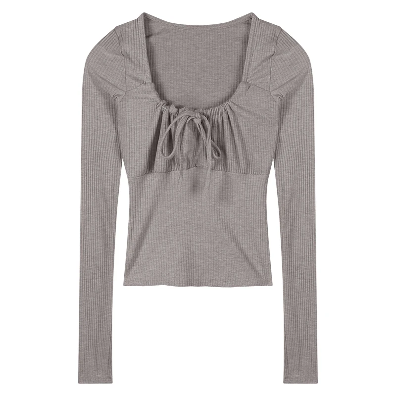 Pure Desire Belted Square Collar Sexy Slim Fit Base Shirt Pink Long Sleeve T-Shirt Women\'s Spring Inner Wear Commute Style Ko...
