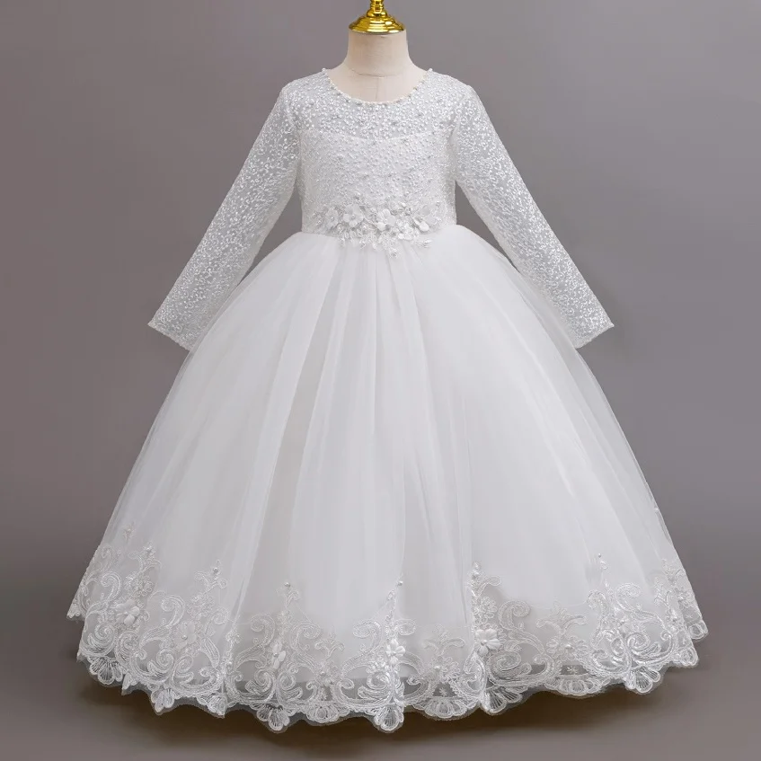 Vestido de princesa de manga comprida de renda para meninas de 4 a 12 anos, saia tutu com laço elegante, festa de aniversário, palco, passarela, vestido de noite
