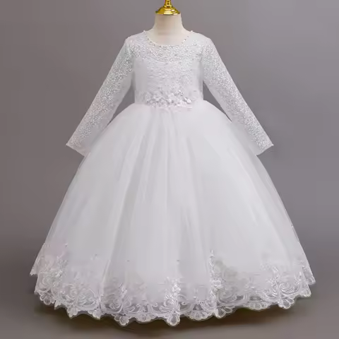 Girls lace long-sleeved princess dress 4-12 years old fashionable bow tutu skirt birthday party host stage catwalk evening dress