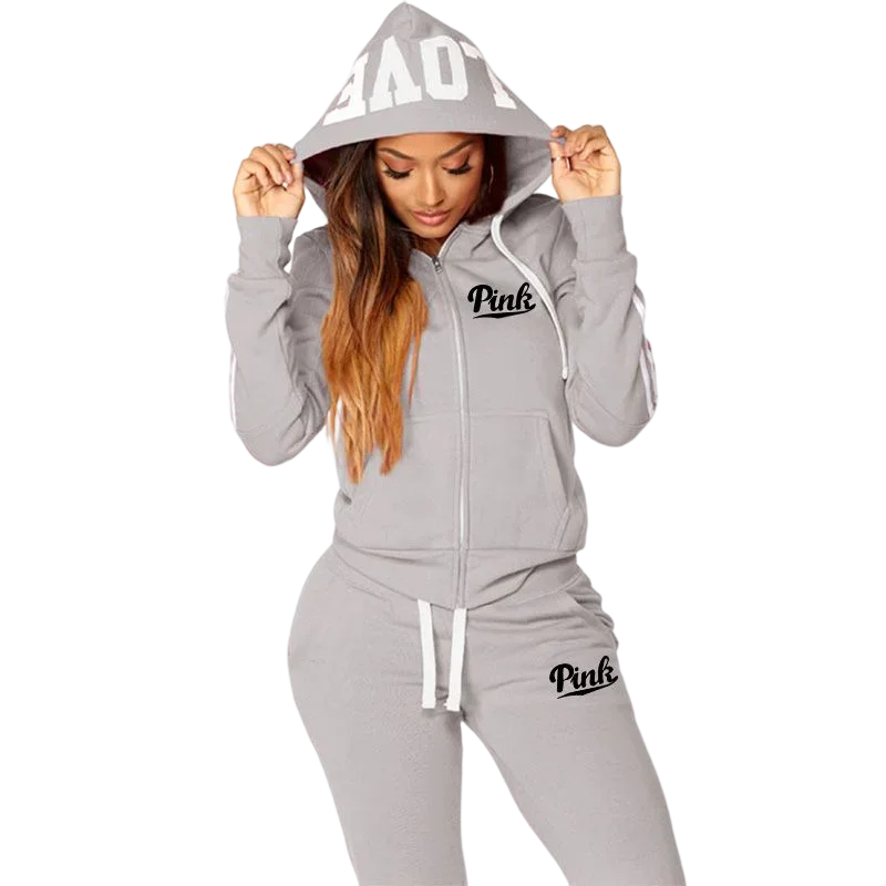 Womens Tracksuit Print Trend 2 Piece Suit Zipper Hooded Sweatshirt Outfit Casual Jogging Fitness Thin Slim Woman Pant Sets3Color