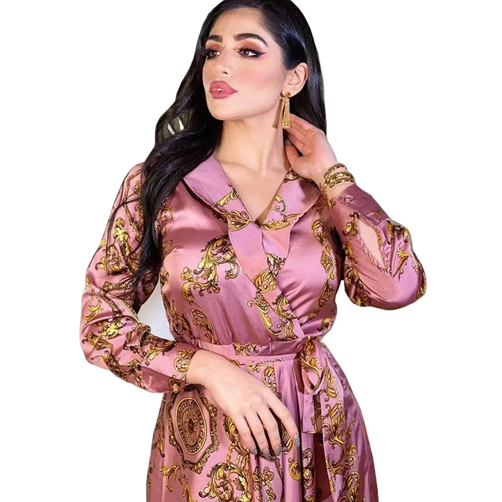 Autumn Modest Muslim Dress Elegant Evening Party Gowns Dubai Middle East Long Sleeves Vintage Printing Maxi Dresses Abaya Robe