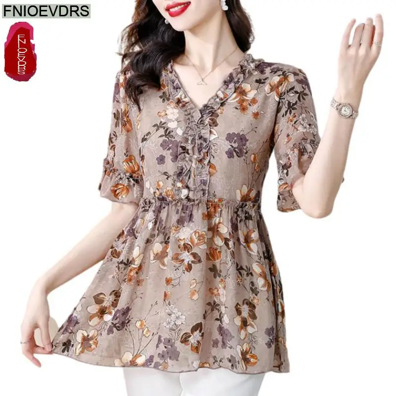 

Retro Vintage Flower Print Peplum Tops 2025 Summer New Design Women Flare Sleeve Floral Cute Basic Shirts Blouses