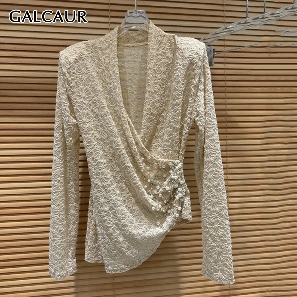 

GALCAUR однотонная элегантная рубашка с v-образным вырезом и длинным рукавом, свободные темпераментные женские рубашки, осенний модный стиль