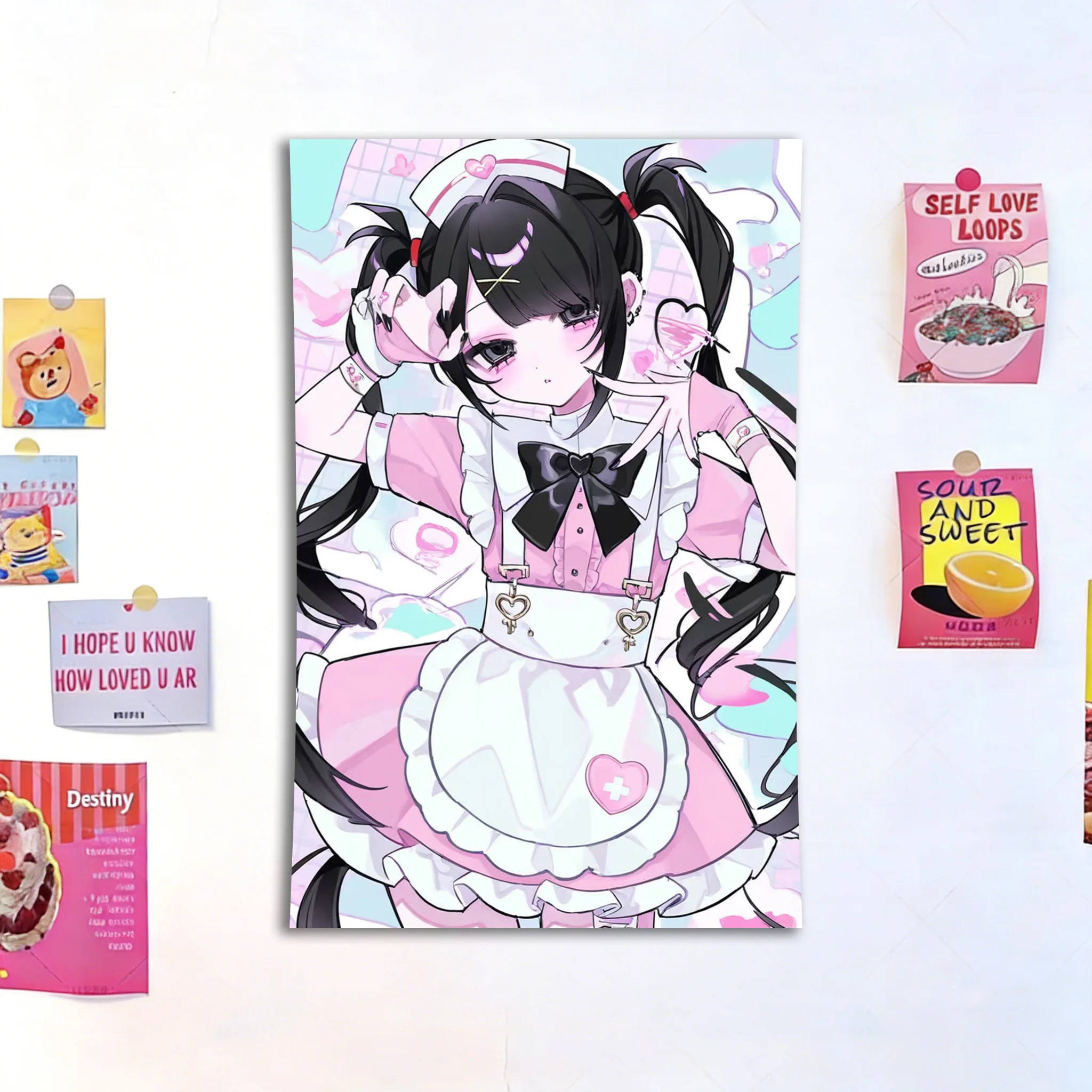 Kawaii Anime Nurse Maid Tapestry, Yami Kawaii Pink Anime Girl Wall Hanging for Bedroom Dorm Decor