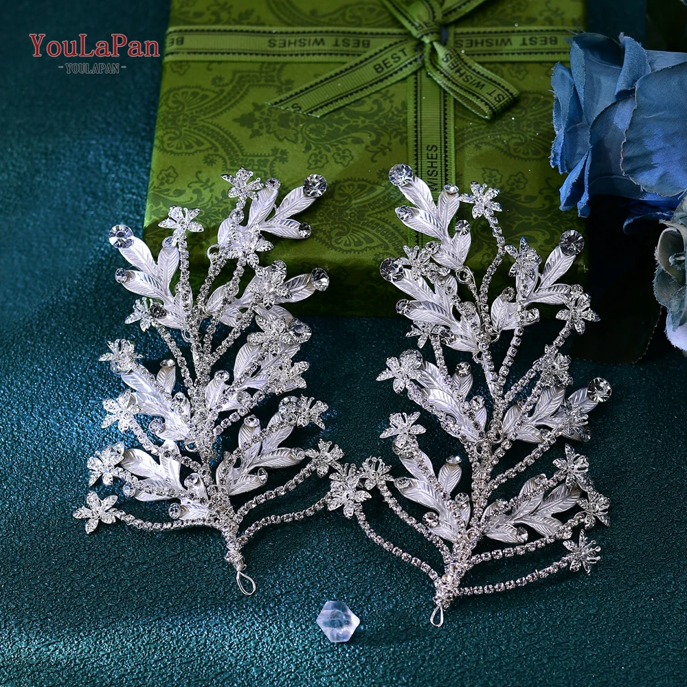 YouLaPan Silver Color Alloy Leaf Hair Piece Set For Women Bride Rhinestone Tiaras Accessories Weddings Events Headwear HP662