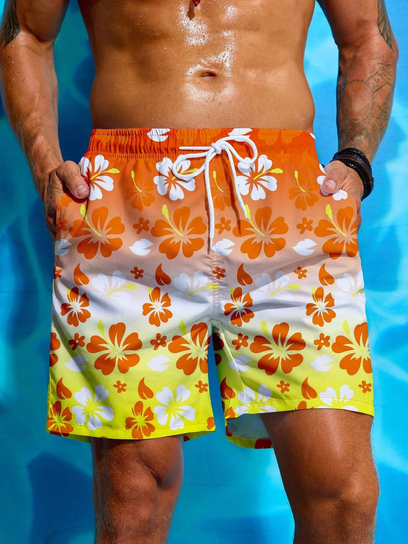 Floral Print Drawstring Men's Beach Short Men's swim Trunks Elastic Waist 3D Print Gradient Breathable Short Streetwear Polyster