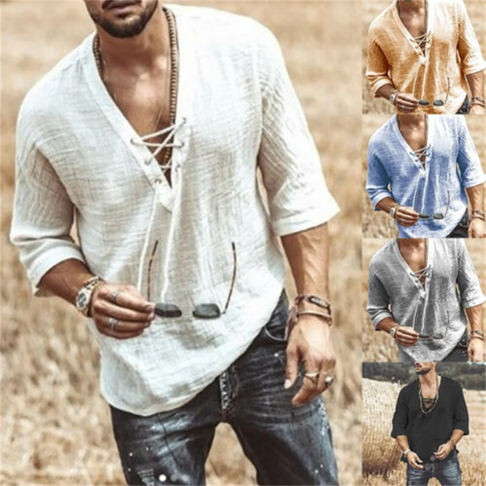 

New Men's Loose Linen T Shirts Solid Color Oversized Cotton Linen V-neck Tops Men Casual White t Shirts Casual Long Sleeve Tops