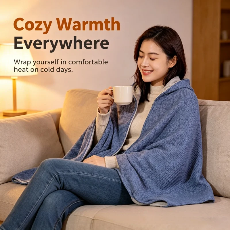 Heated Shawl Blanket Washable and Wearable Electric Cap with Zipper, 3-Speed Heating, For Home Office Use, USB Power Supply