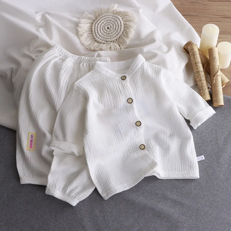 Children's stand-up collar cotton yarn set summer thin boys girls pure cotton loungewear baby gauze air-conditioning clothing
