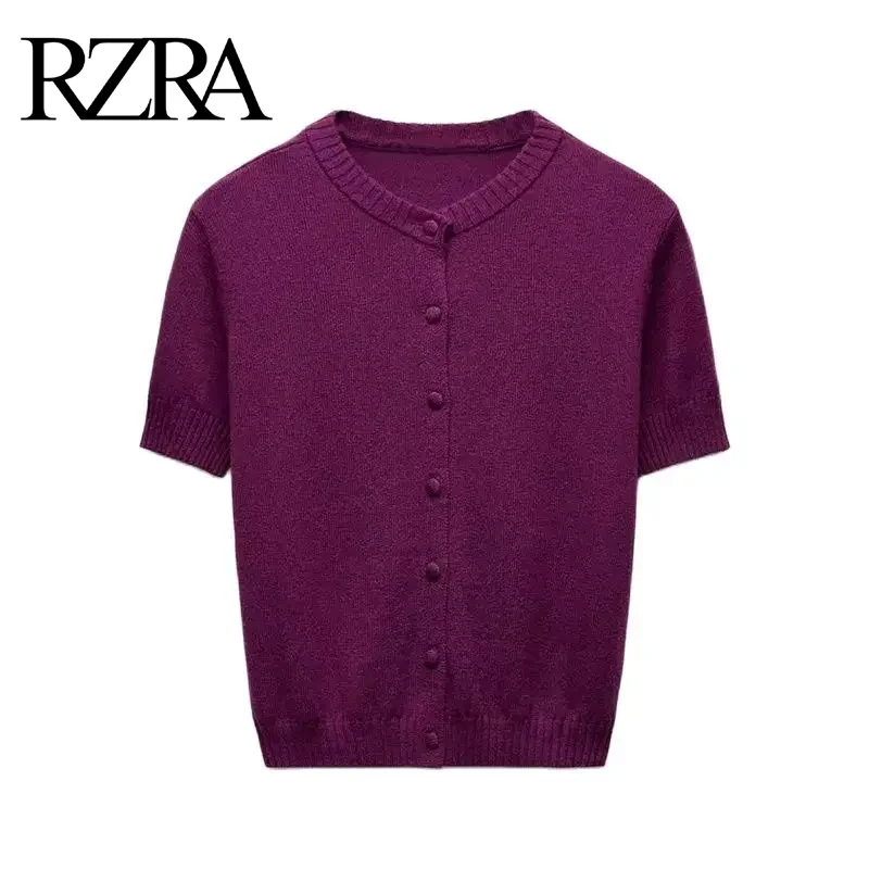 

RZRA original 2024 autumn new women's solid color ribbed layer round neck short sleeve basic knitted sweater jacket