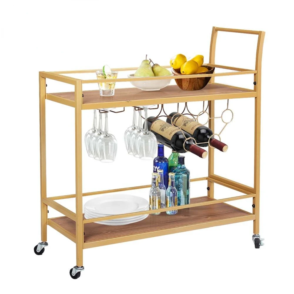 KINGSO 2 Tiers Kitchen Trolley Bar Serving Cart Vintage Wooden 2 Layer Drink Kitchen Wine Gold Kitchen Storage Islands Cart