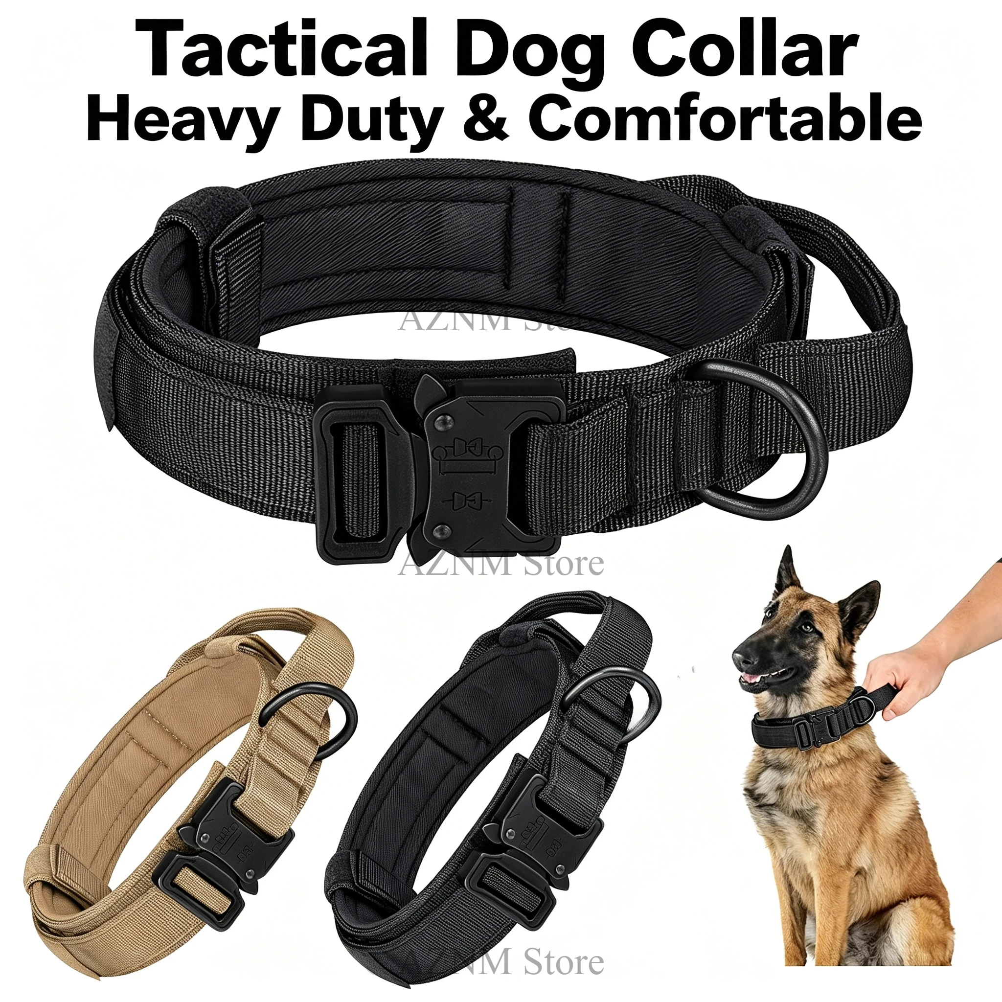 Taktisches Hundehalsband, verstellbares militärisches Nylon-Trainingshalsband mit Griff und Metallschnalle für mittelgroße und große Hunde, EU-Schnellversand