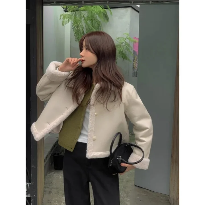 

Retro Collar Double-Sided Wear Lamb Fur ort Jaet Outerwear Women's Korean Sle Thiened Polyester Fiber Daily Use