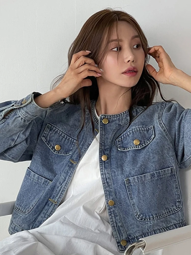 

ort Denim Jaet Women's Autumn 2023 New Sle Korean Ele Loose Versatile Slimming Long Sve Top Button Pure Color