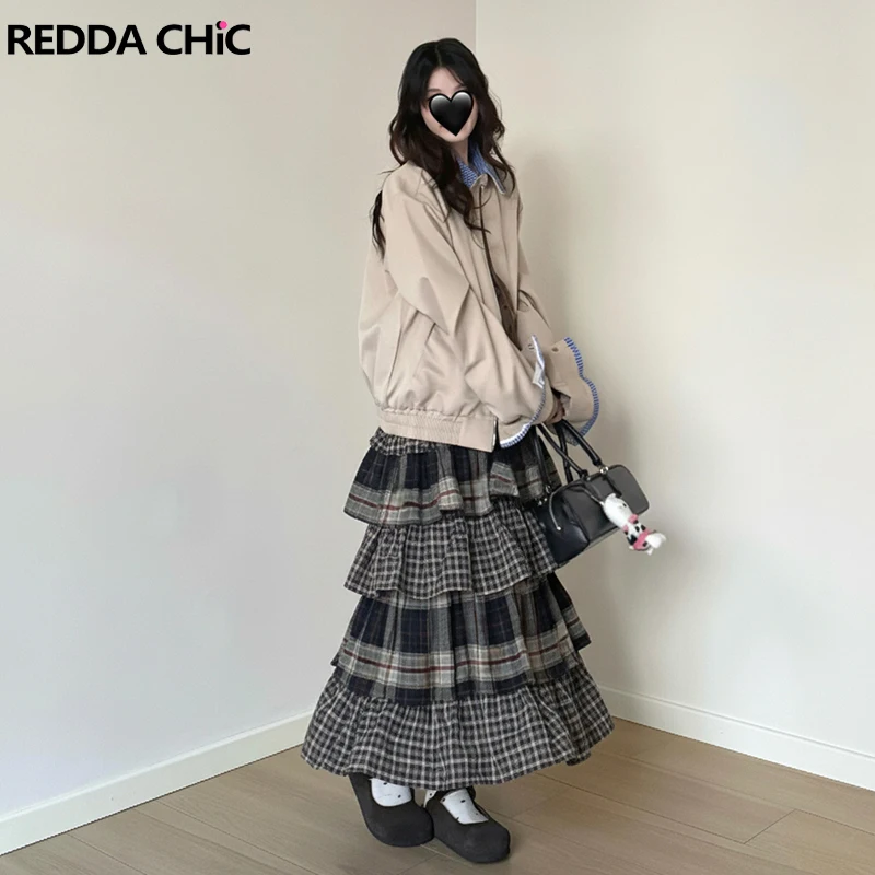 

REDDACHiC Cute Women's Tartan Cake Skirt Stitch Ruffle Elastic Waist Maxi Long Tiered Skirt Fall Casual School Vintage Clothes
