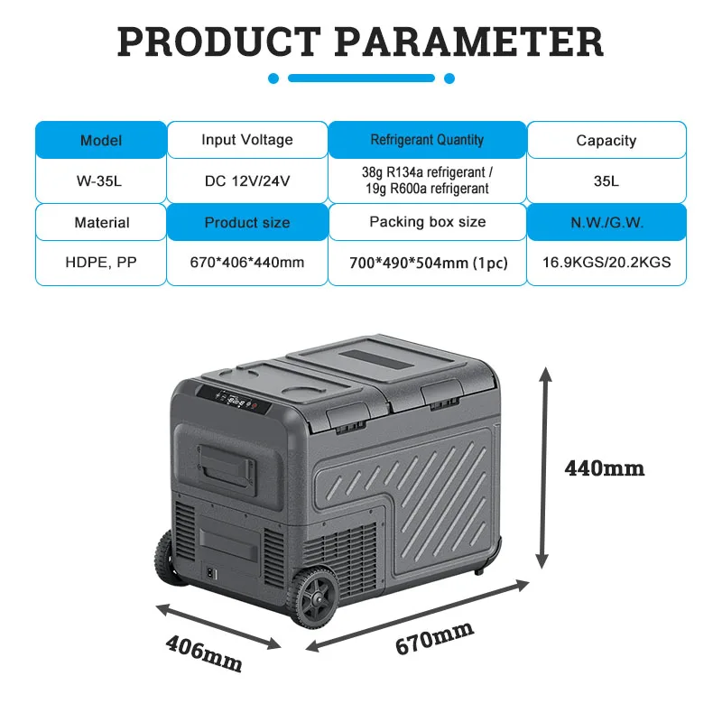 35L Wheeled Dual Zone Portable Car Refrigerator Freezer 12V 24V Automotive Refrigerator with LED Display for Camping Travel
